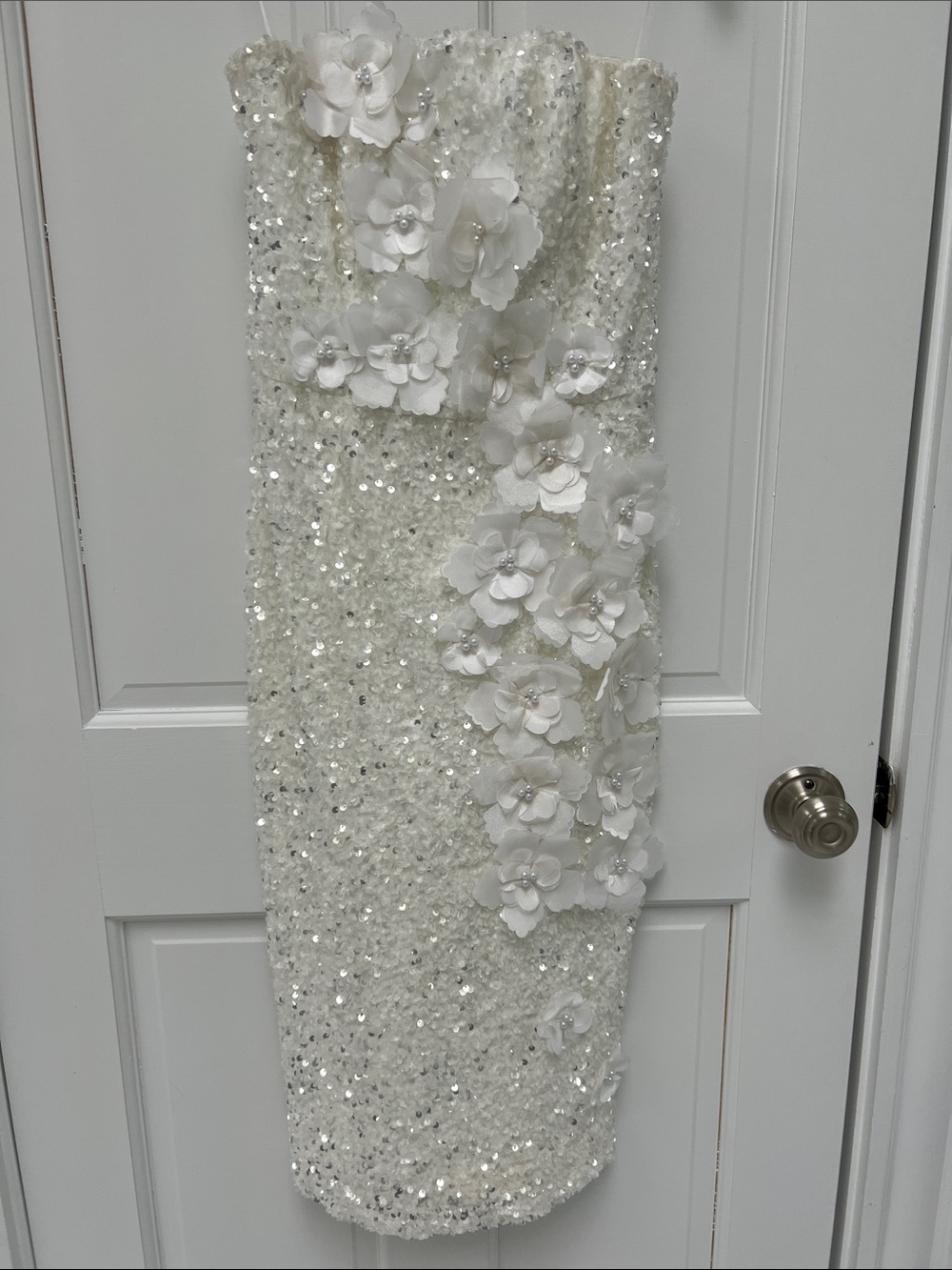 Gorgeous Ivory Sequin Strapless Helsi Lilliana Dress with 3D Floral Appliqué.